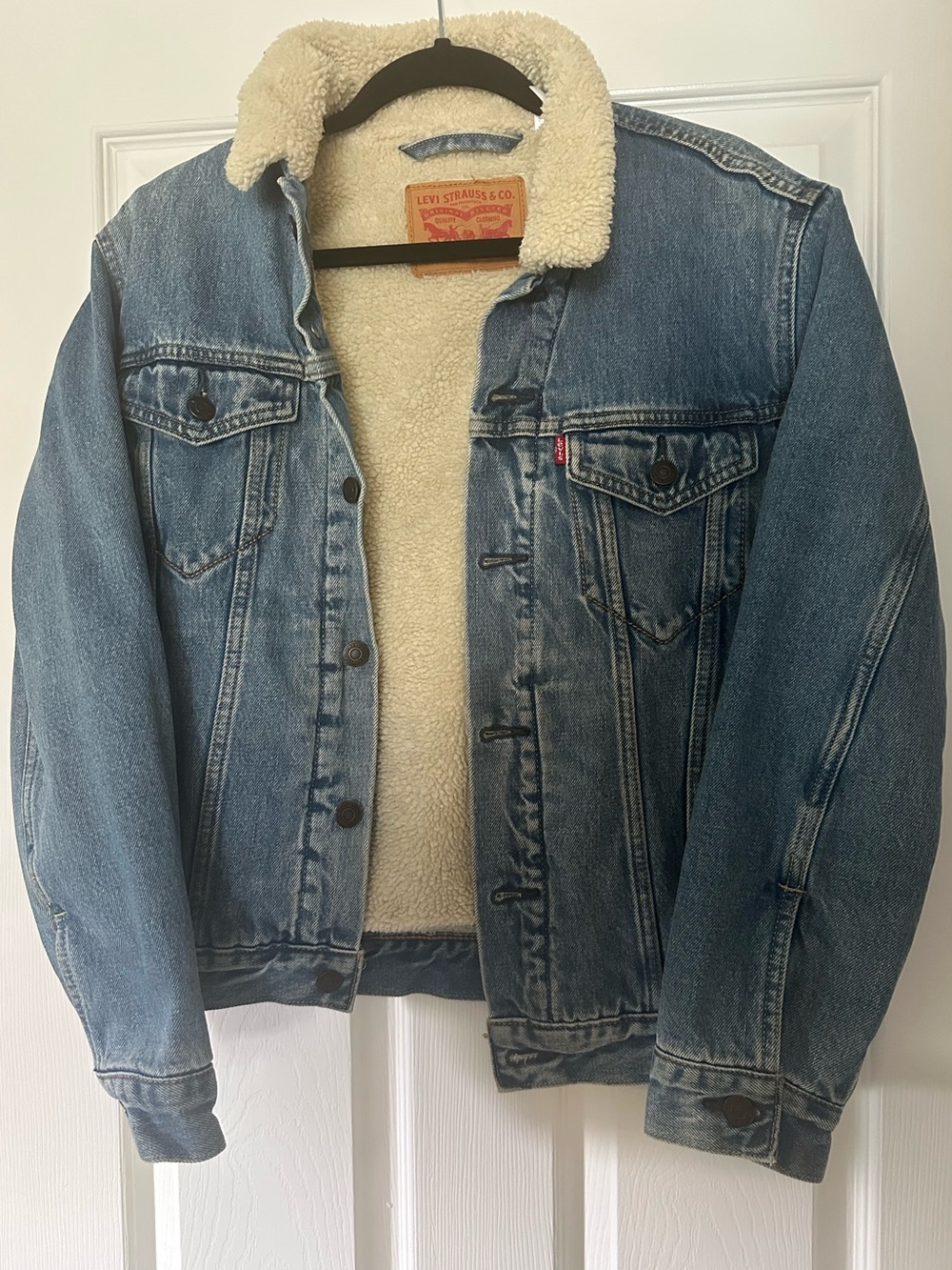 Levi's Blue Denim Sherpa Jacket with Cream Lining Button Up Womens Size Small